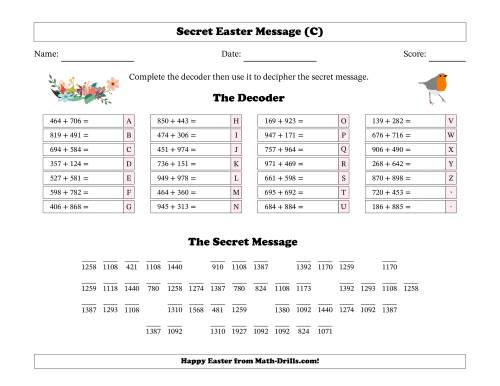 Secret Easter Message Three-Digit Addition Spring