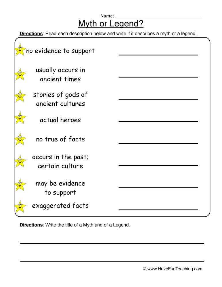 Myths Legends Worksheet  