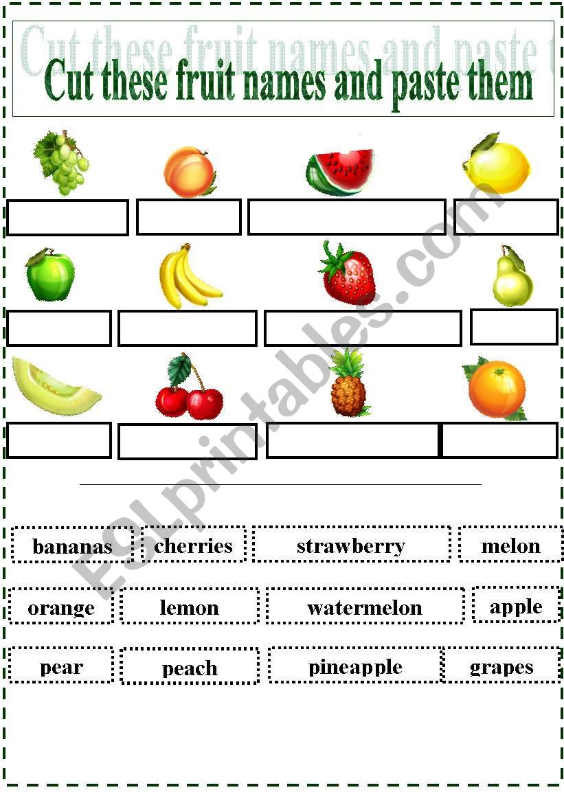Cut &  Paste fruits names - ESL worksheet by esti1975