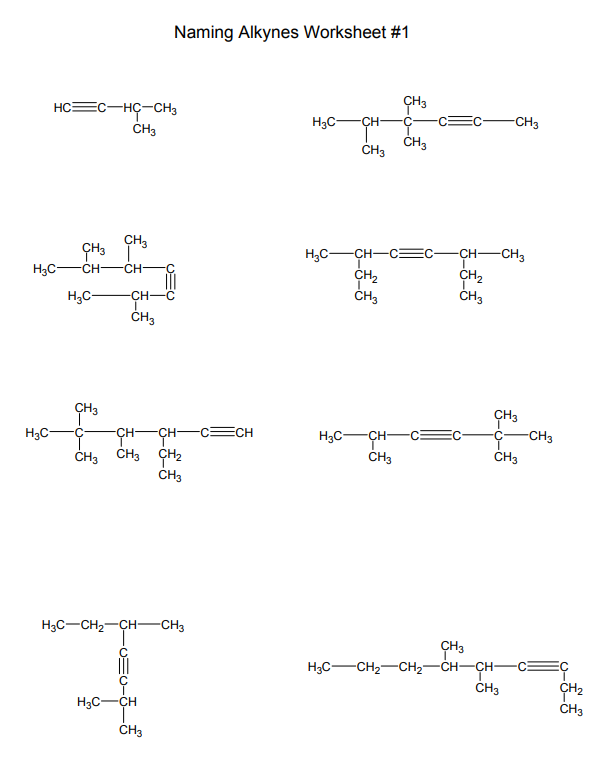 Solved Naming Alkynes Worksheet #1 CH3 HC=C-HC-CH3 CH3 H3C ...