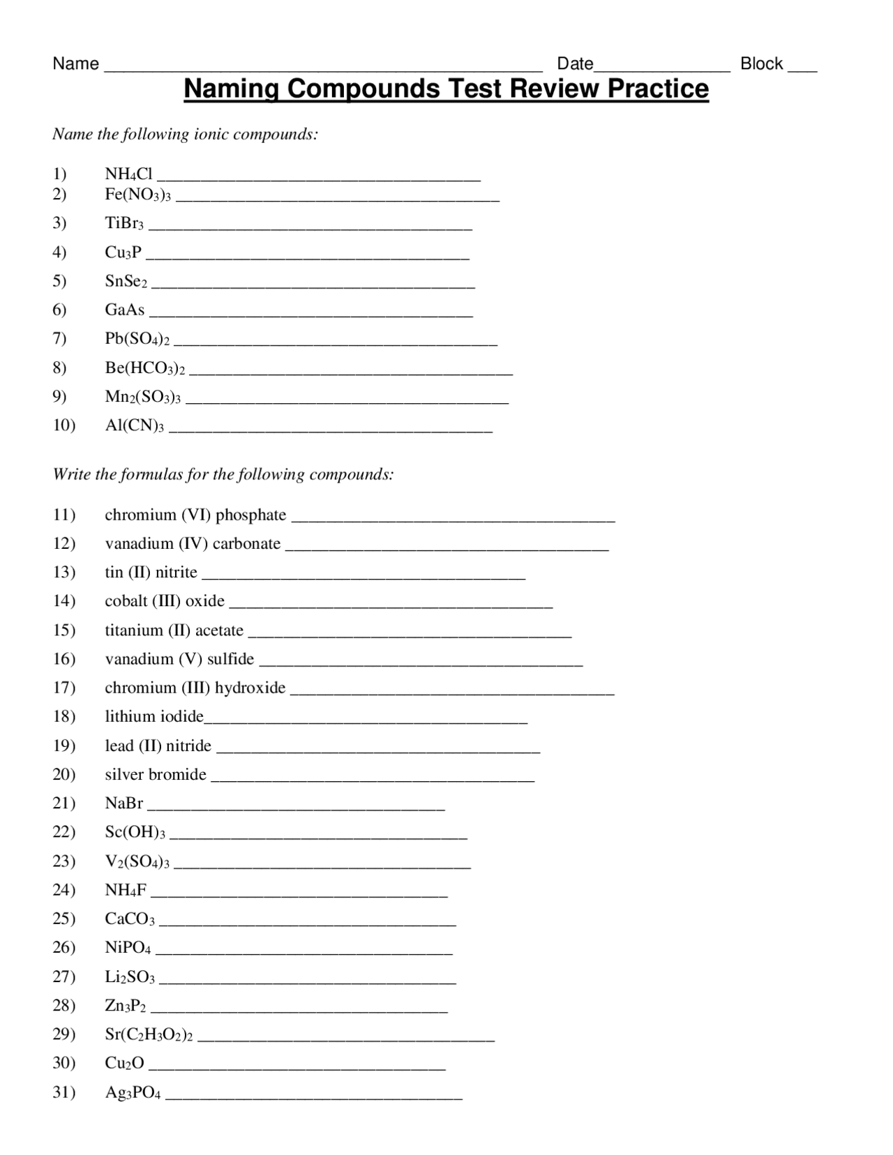 Naming Compounds Worksheet Practice Key | Exercises Chemistry ...