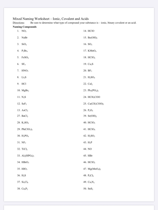Solved Mixed Naming Worksheet - Ionic, Covalent and Acids | Chegg.com