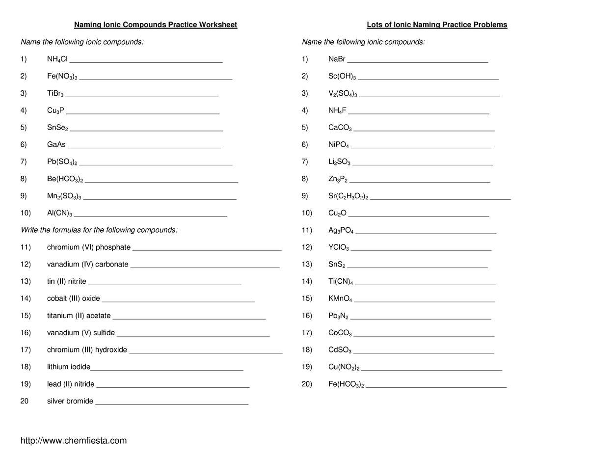 Naming Ionic Compounds Practice Worksheet - chemfiesta Naming ...