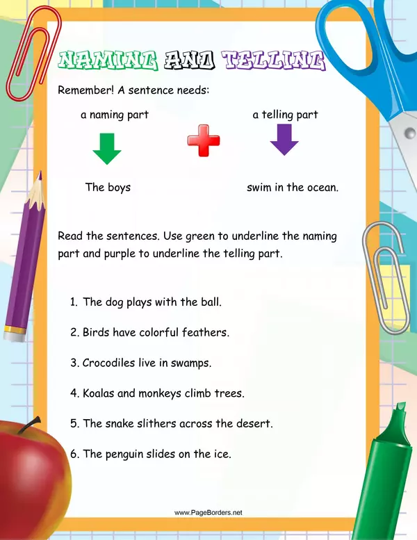 Free naming parts of sentences worksheet, Download Free naming parts of