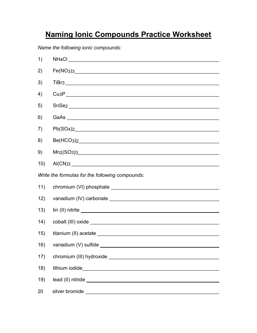 Naming Ionic Compounds Practice Worksheet Science 9th Grade