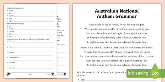 Australian National Anthem grammar Worksheet / Worksheet