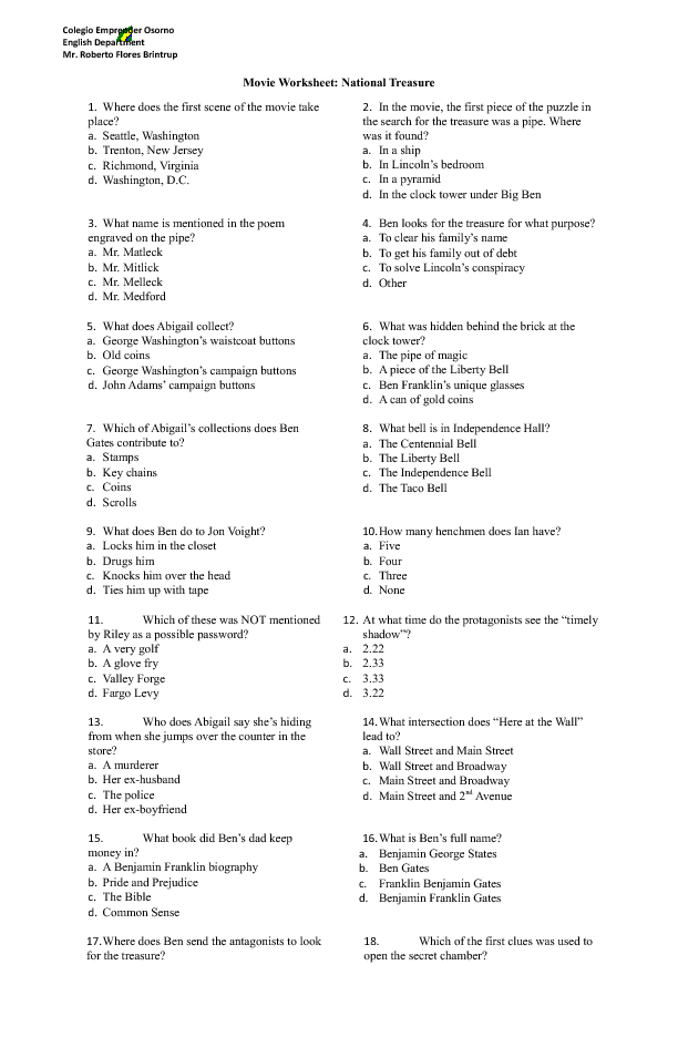 national treasure math worksheet answers