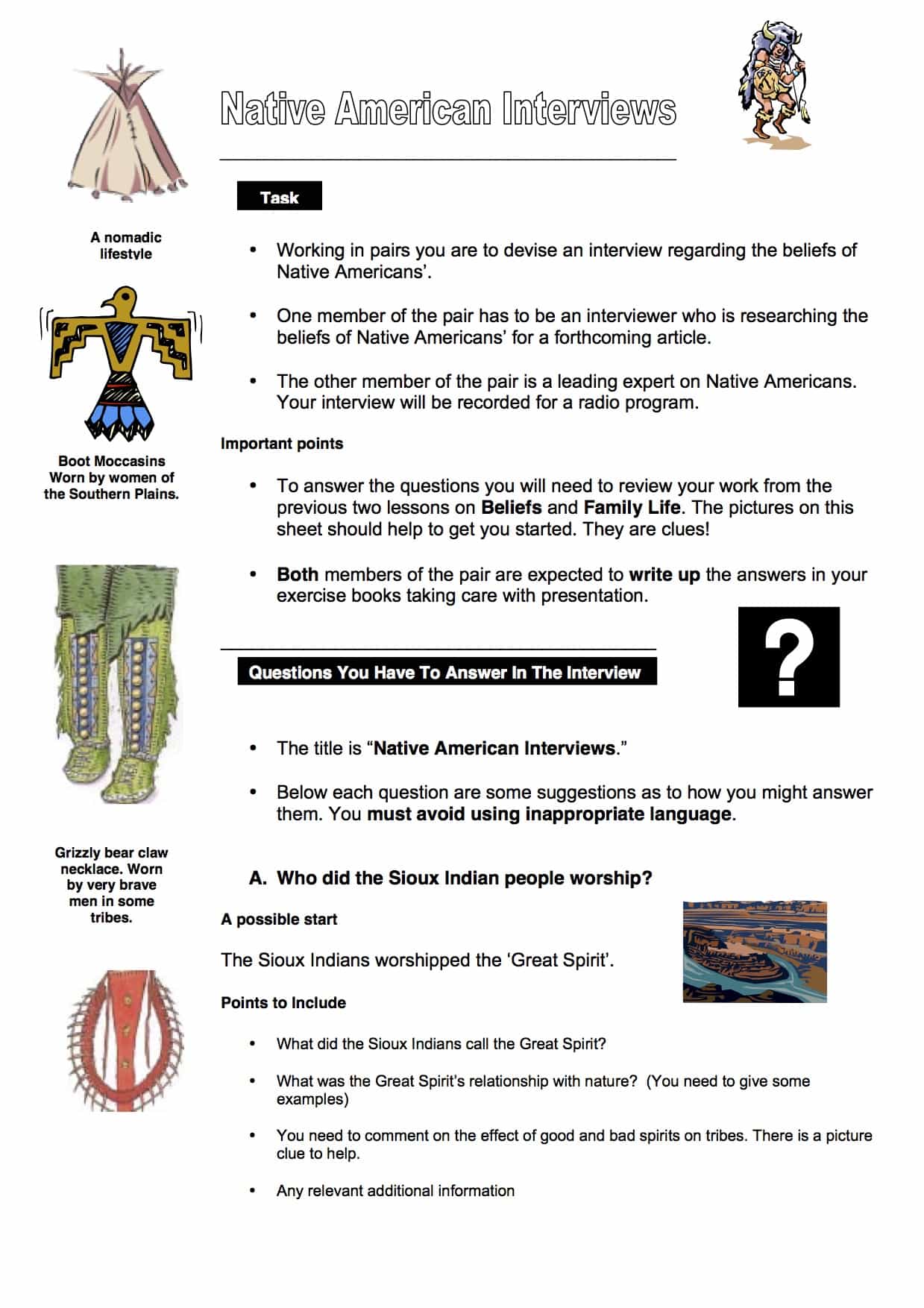 Native American Interviews Task Worksheet - Year 8/9 PDF