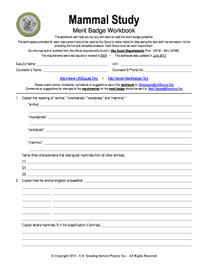 Mammal Study Merit Badge Worksheet - Fill Online, Printable ...