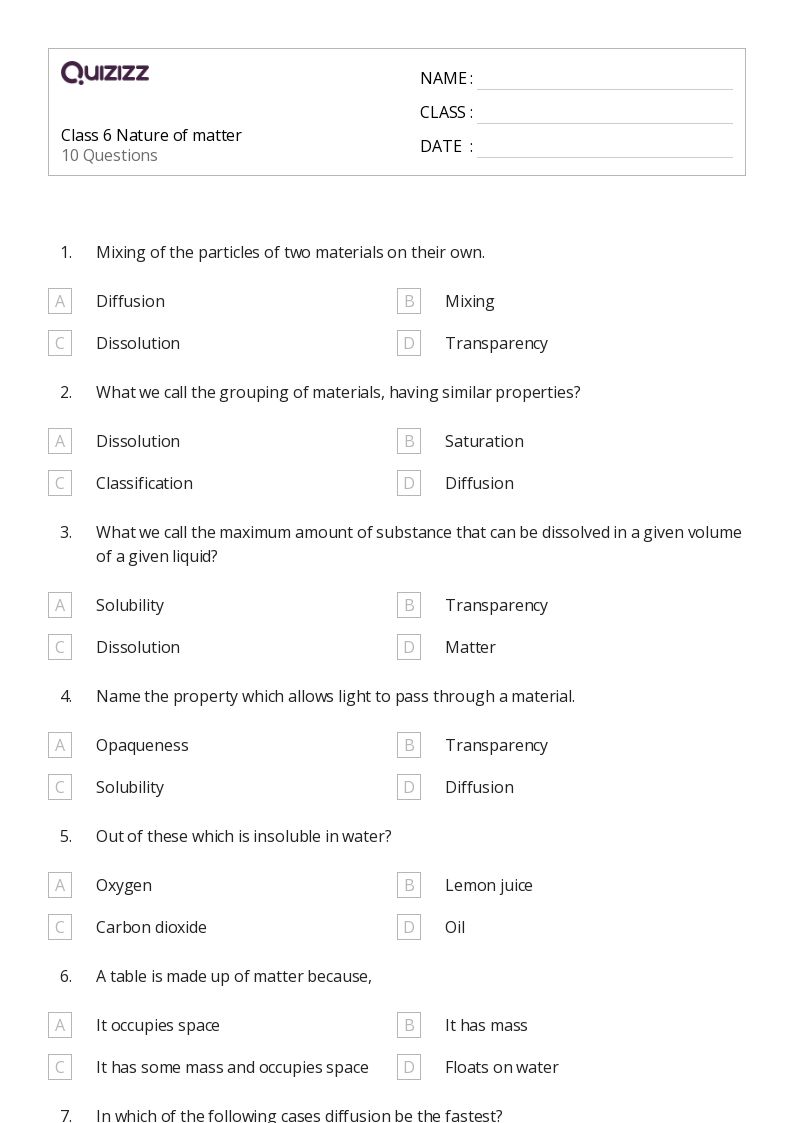 nature of matter worksheet