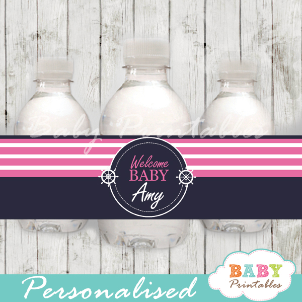 Navy &  Pink Nautical Baby Shower Bottle Labels - D190 - Baby ...