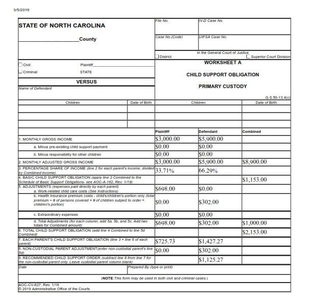 nc child support calculator worksheet b