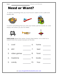 Wants and Needs Worksheets
