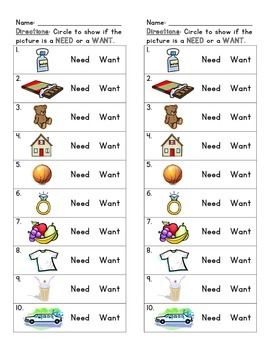 needs and wants worksheet 2nd grade