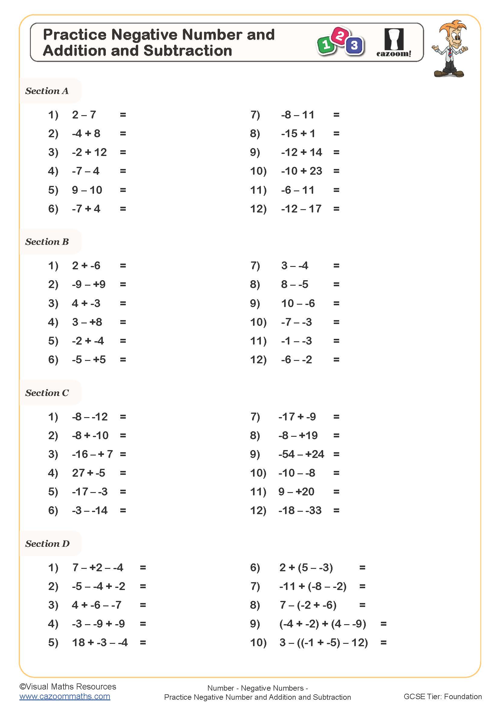 Practice Negative Number and Addition and Subtraction Worksheet ...