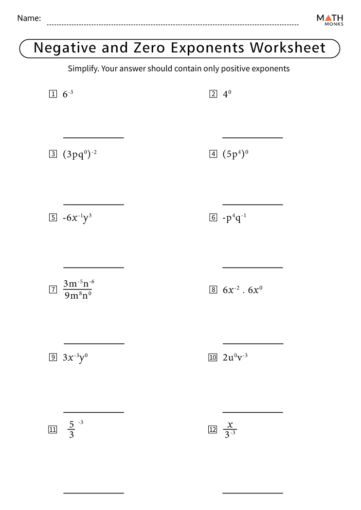 Negative Exponents Worksheets with Answer Key