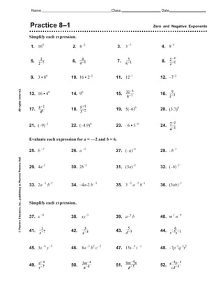 negative exponents worksheet pdf