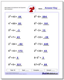 Exponents Worksheets: Mixed Addition And Subtraction with Exponents