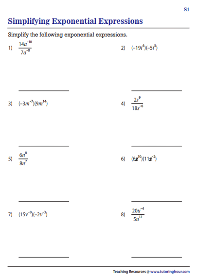 Simplifying Expressions with Exponents Worksheets