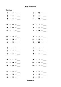 Negative numbers easy worksheet - Planetpsyd