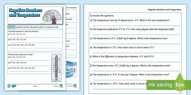 Negative Numbers and Temperature Activity Sheet - Twinkl