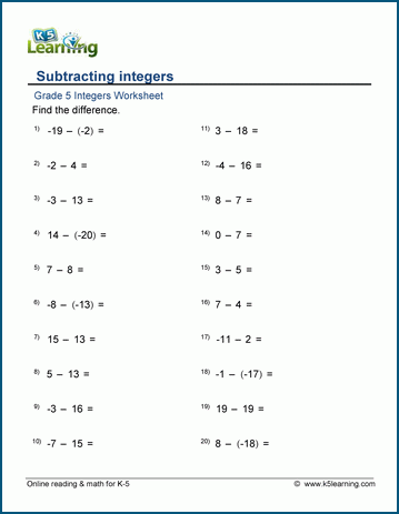 Subtraction of integers worksheets | Worsheets library