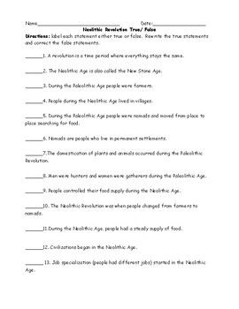 Neolithic Revolution True/ False Worksheet with Answer Key