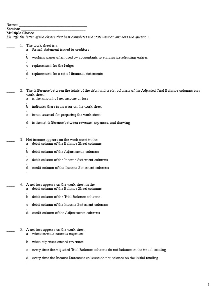 Worksheet Multiple Choice | PDF | Debits And Credits | Cash Flow ...