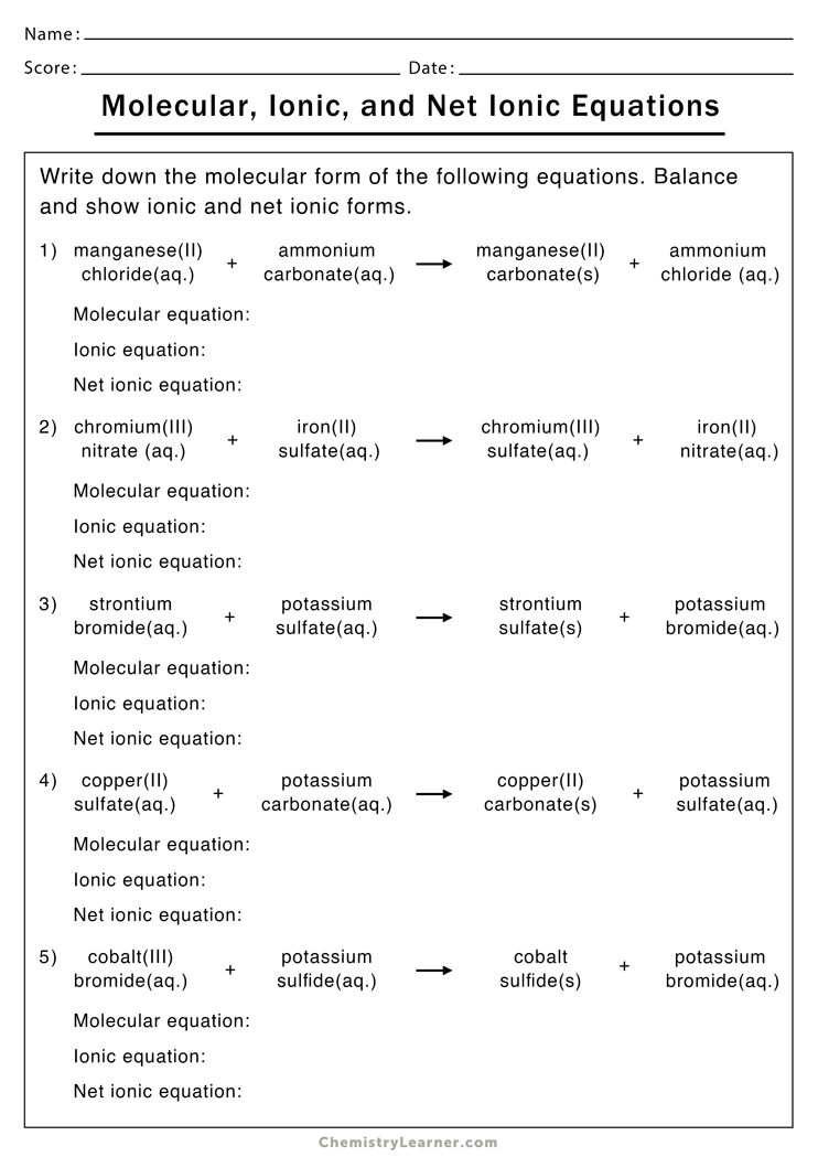 Net Ionic Equation Worksheets - Free Printable