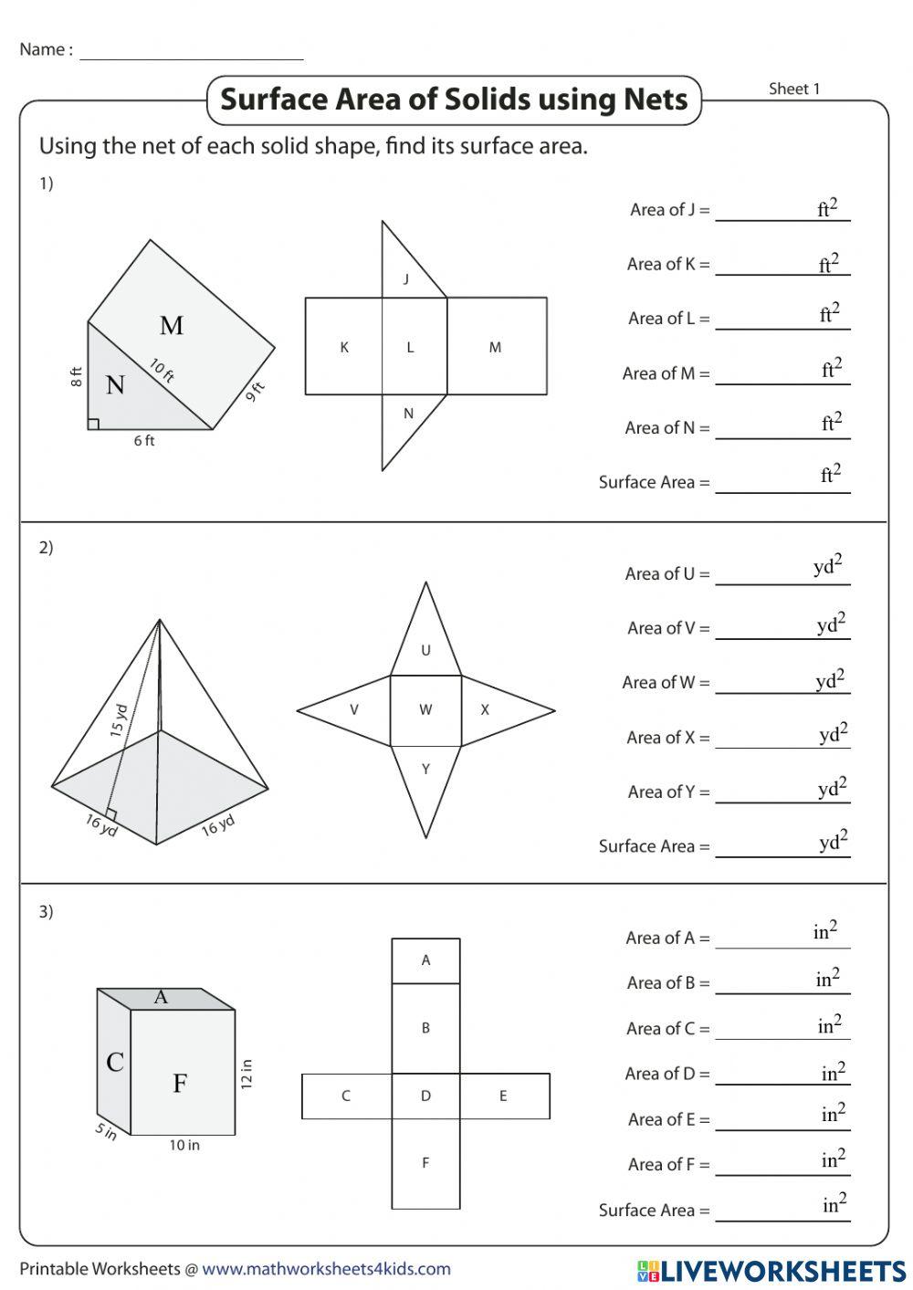 Surface Area 3 With Nets online exercise for Live Worksheets