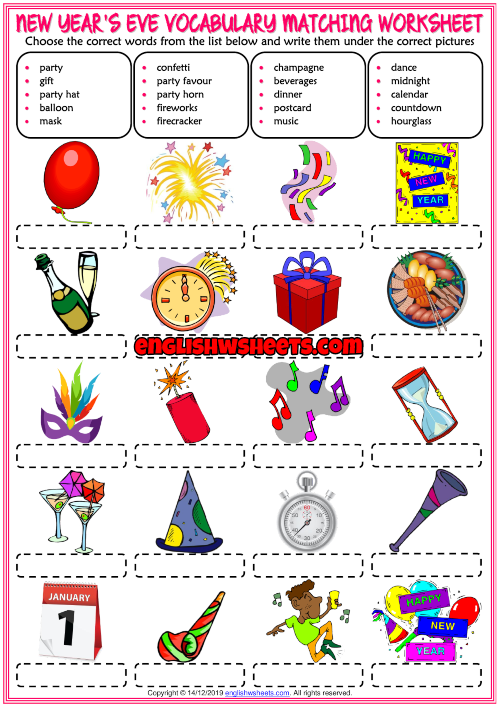 New Years Eve ESL Matching Exercise Worksheet For Kids
