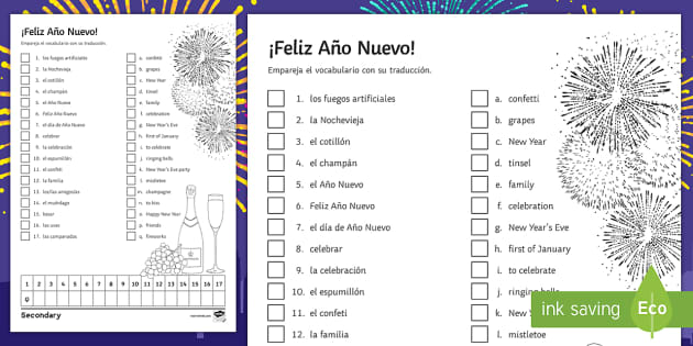 New Years Eve Matching Worksheet / Worksheet Spanish