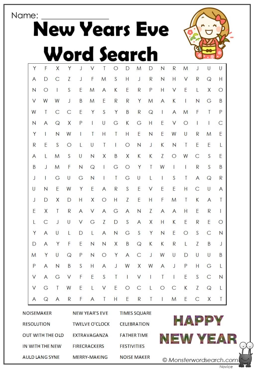 new year s word search worksheet middle school