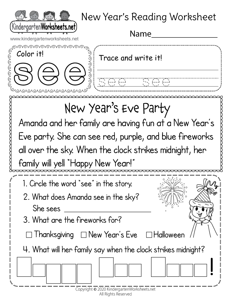 Free Printable New Years Reading Worksheet