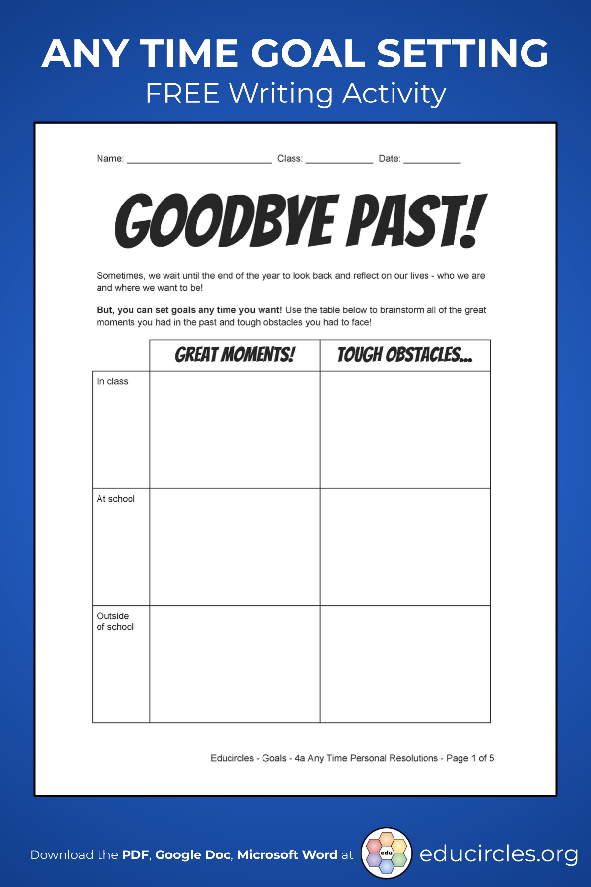FREE New Years Resolution 2024 Worksheet for Middle School