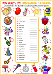 New Years Eve ESL Unscramble the Words Worksheet