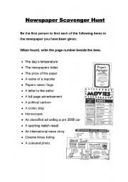 newspaper scavenger hunt worksheet