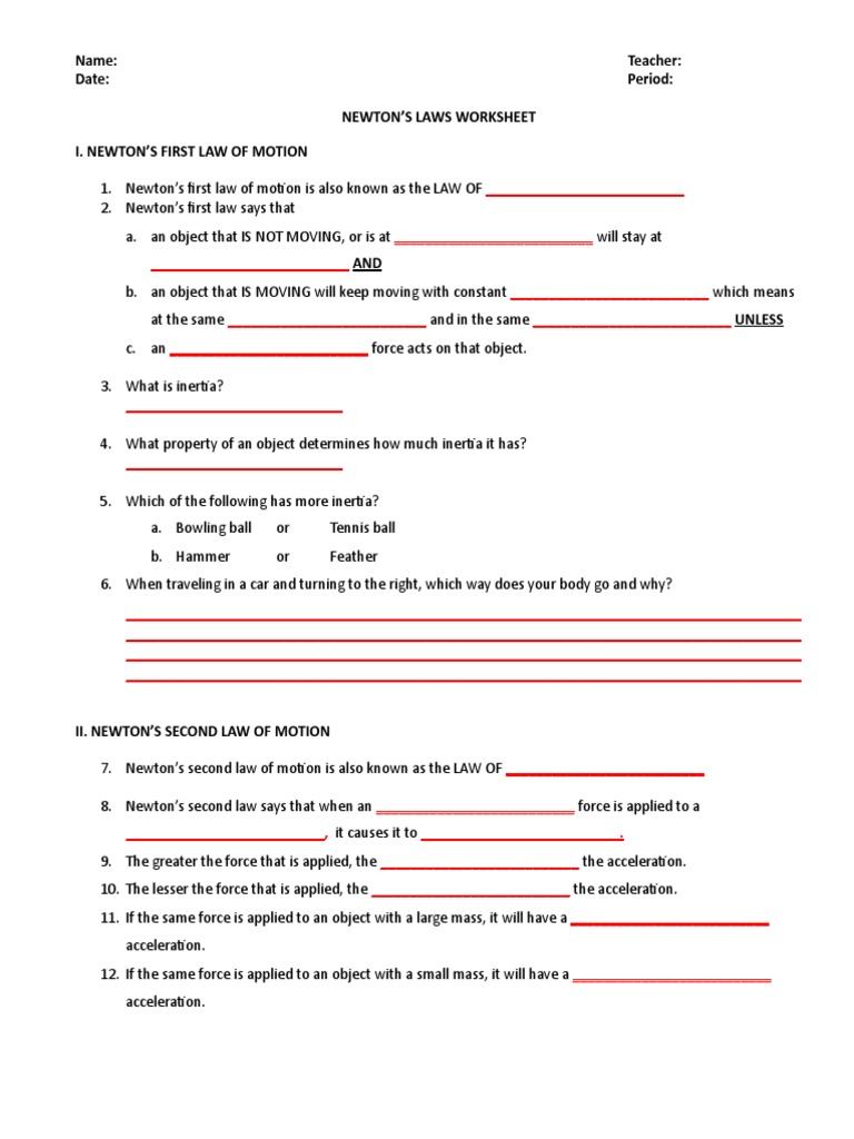 newton laws worksheet answers