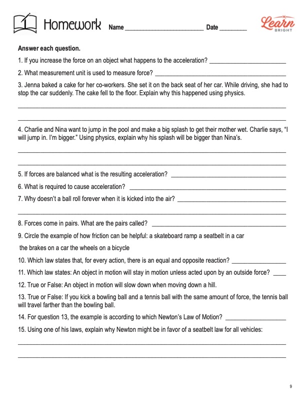 newton laws worksheet middle school