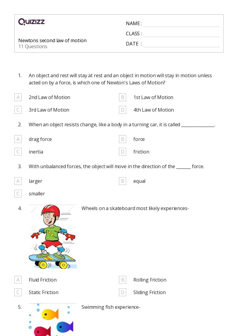 newton s 2nd law of motion worksheet
