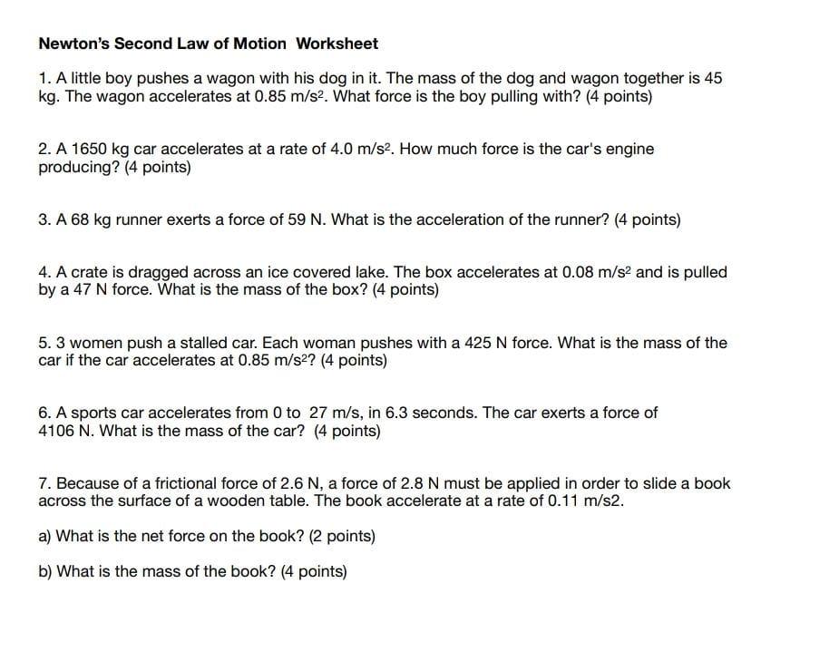 Solved Newtons Second Law of Motion Worksheet 1. A little | Chegg.com