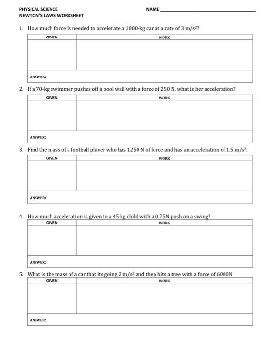 Solved PHYSICAL SCIENCE NAME NEWTONS LAWS WORKSHEET 1. How ...