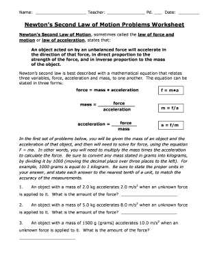 newton s second law of motion worksheet