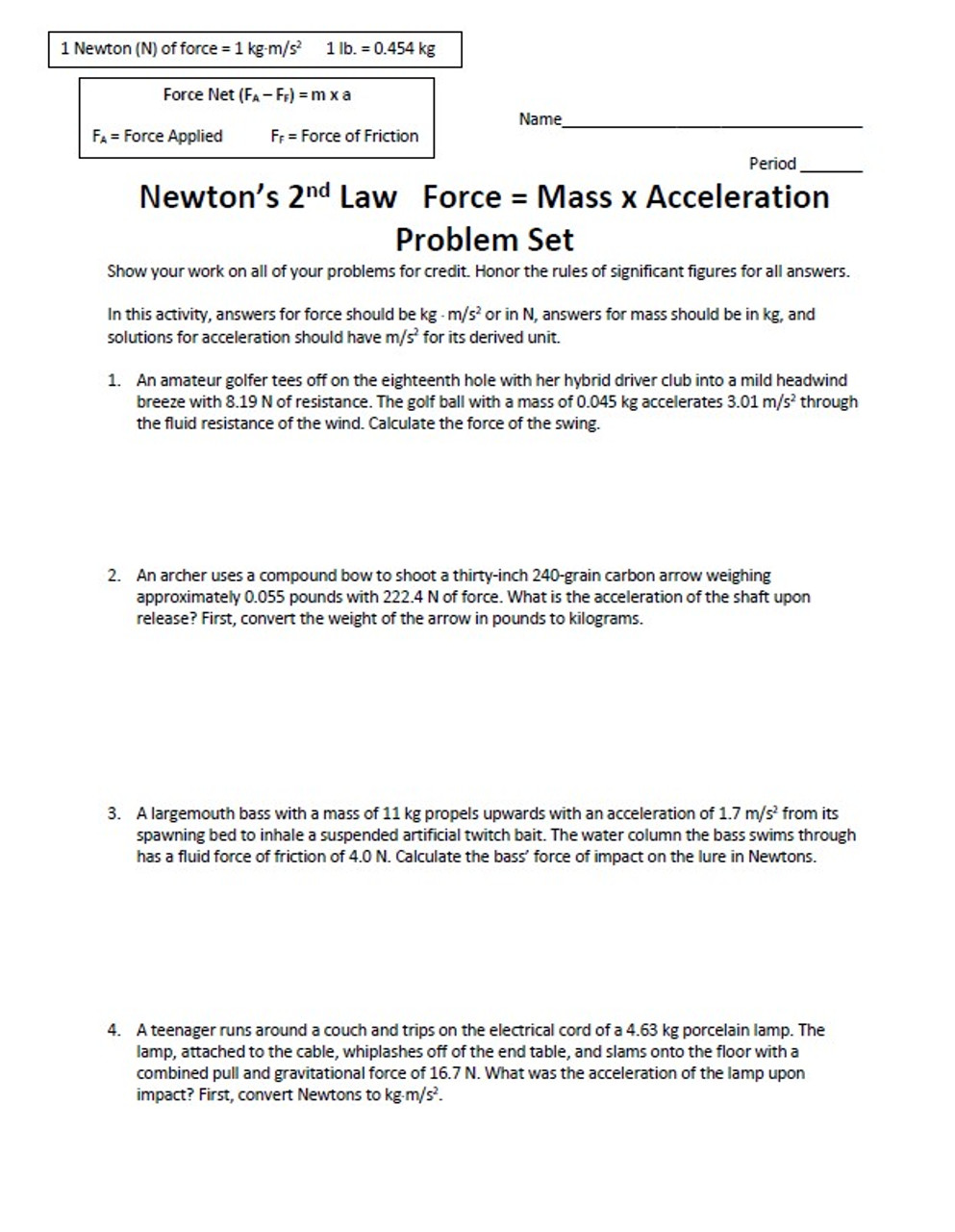 Newtons 2nd Law Problems Worksheets Library