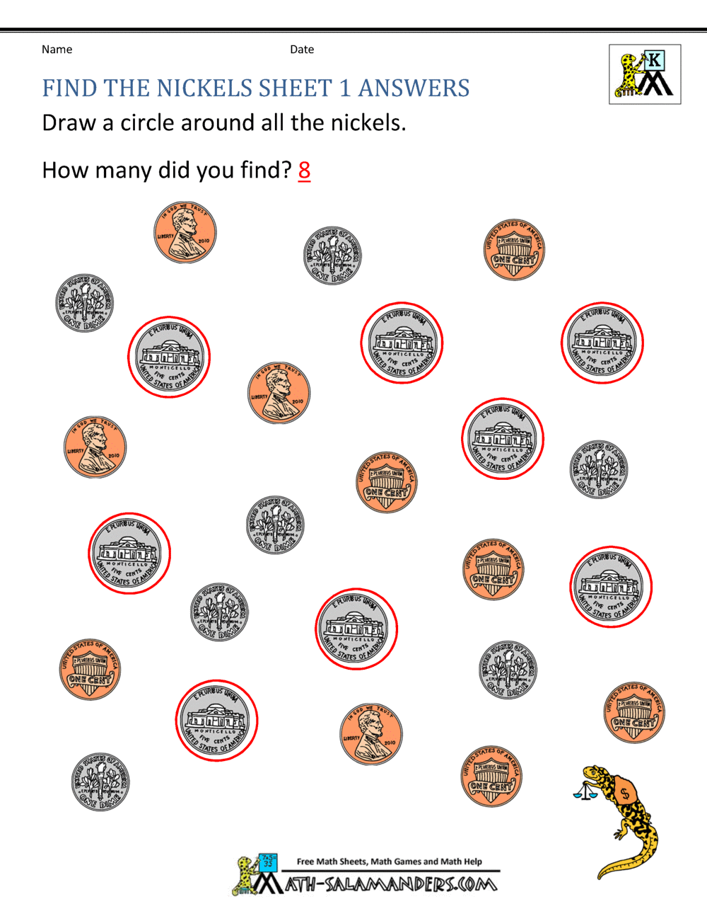 nickel worksheet for kindergarten