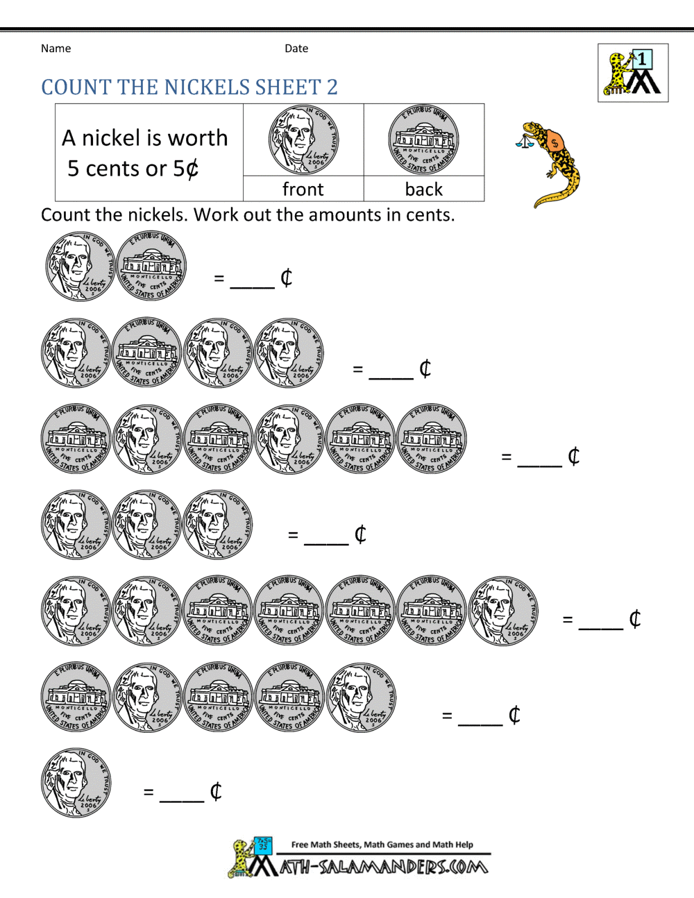 nickel worksheet for kindergarten