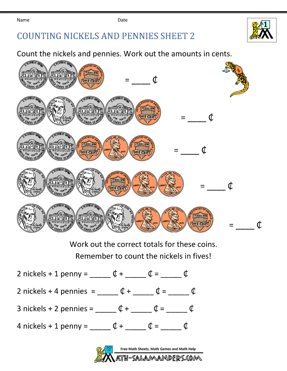 nickels and pennies worksheet