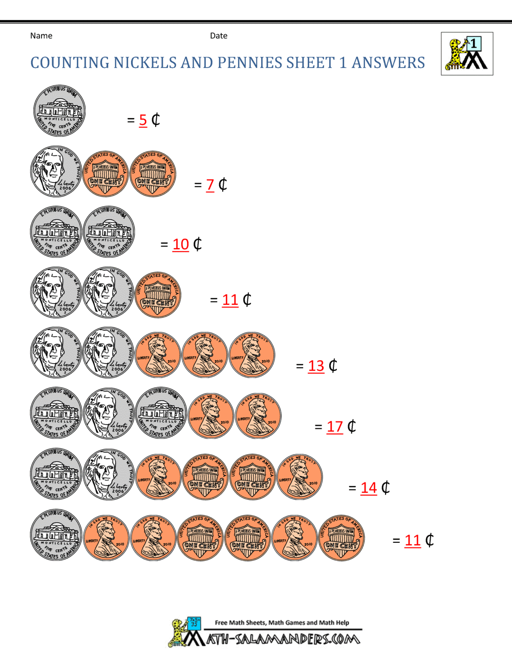 nickels and pennies worksheet