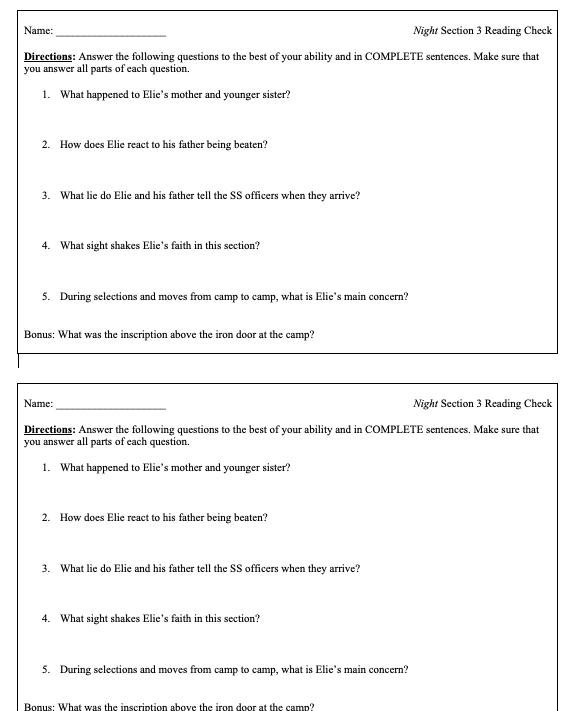 Night Vocabulary: Teaching Night by Elie Wiesel