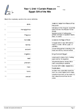 Year 1, Unit 1 Curtain Rises on Egypt: Gift of the Nile - Matching ...
